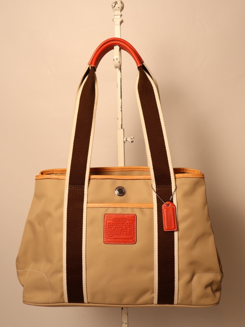 Coach Hampton Weekend Khaki Nylon Large Tote Orange Leather Accents Like New